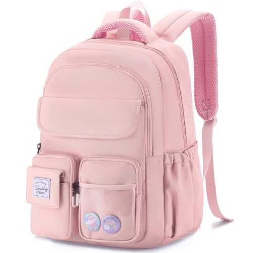 VASCHY Backpack for Girls Ages 8-12, 17 Inch Lightweight School Bag with Clear Pin Display Pouch, Water Resistant Teen Girl Bookbag with Multiple Pockets, Middle School Backpack for Grades 3-6 Pink