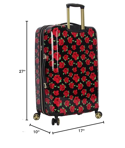 Betsey Johnson 26 Inch Checked Luggage Collection - Expandable Scratch Resistant (ABS + PC) Hardside Suitcase - Designer Lightweight Bag with 8-Rolling Spinner Wheels (Covered Roses)