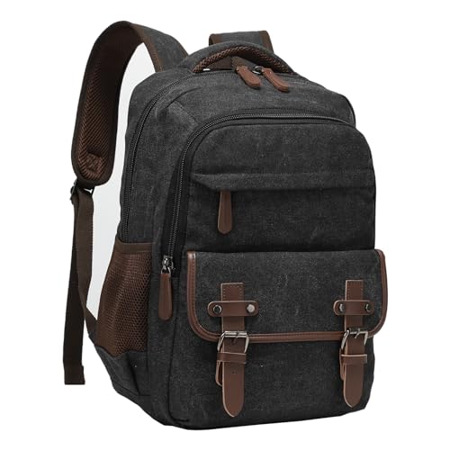 LUNLOPIK Canvas Laptop Backpack with USB Charging Port, Vintage Daypack for Men Women, Black Travel Work Rucksack College Computer Bag Bookbag Fits 15.6 Inch Lapop, Black