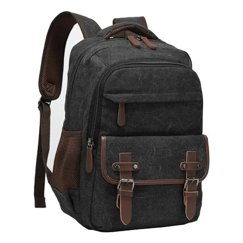 LUNLOPIK Canvas Laptop Backpack with USB Charging Port, Vintage Daypack for Men Women, Black Travel Work Rucksack College Computer Bag Bookbag Fits 15.6 Inch Lapop, Black