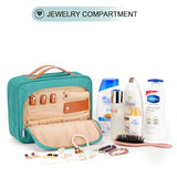 Travel Hanging Toiletry Bag for Women, with Jewelry Organizer Compartment, Medium Waterproof Hanging Makeup Accessories, Cosmetic Essentials, Toiletries Dopp Kit Set with Trolley Belt, Blue