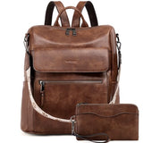 VASCHY Backpack Purse for Women, Large Vegan Leather Backpack Purse with Wallet Pouch Set Convertible Handbag for Ladies Guitar Strap Brown