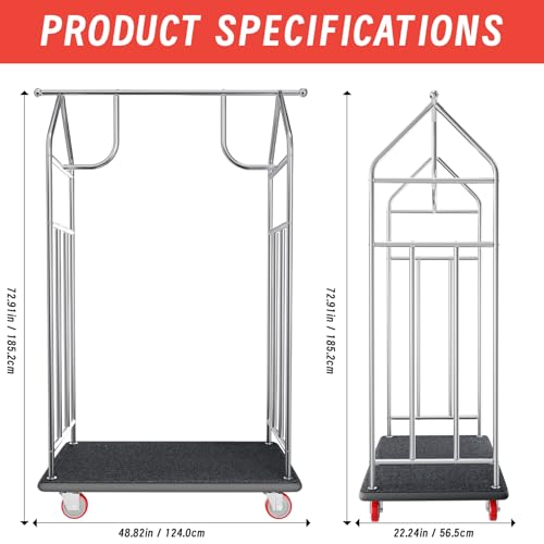 48 * 22IN Hotel Luggage Cart with Wheels,1200 lbs Load Capacity Heavy Duty Rolling Luggage Cart,Commercial Bellman Cart with Anti-Friction Felt Pad & Rubber Bumper for Hotels,Resorts, Condos