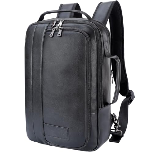 Masa Kawa Slim Leather 15.6" Laptop Backpack for Men Convertible Briefcase Backpacks Expandable Black Business Work Bag Slim Travel Daypack