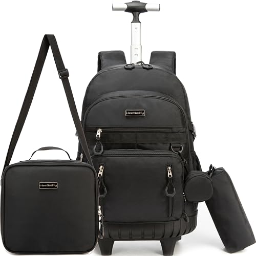 Meetbelify Rolling Backpack for Girls Backpack with Wheels for Elementary Student Kids School Bag with Lunch Box Pencil Case for Girls Ages 6-8 Years Old Black