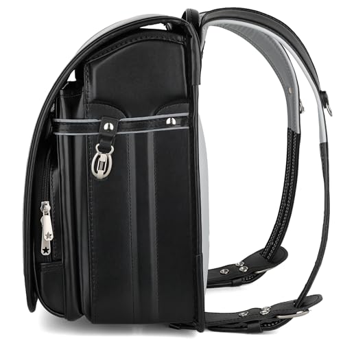Alzoear Ransel Randoseru Backpack Semi-automatic satchel Japanese school bag for girls and boys PU leather Black
