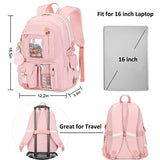 Backpack for Girls with Accessories Laptop Bookbags 16 Inch Kawaii Kids Elementary Middle High School Bag College Travel Daypack Gifts for Teens Women Students (Pink)