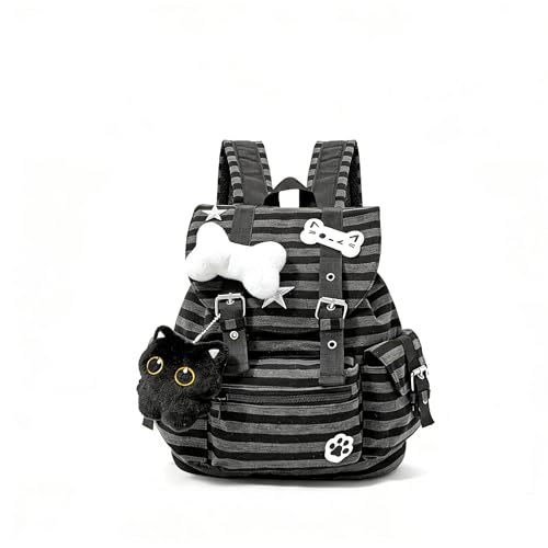 YFGBCX Y2K Striped Backpack, Kawaii Coquette Aesthetic Daypack with Cat Charm, Cute Preppy Laptop Backpack for College & Travel