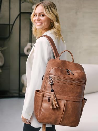 Mroede Leather Laptop Backpack for Women, 15.6" Causal Daypack Backpacks Purse Computer Backpack with Laptop Compartment for Travel Work College Business, Brown