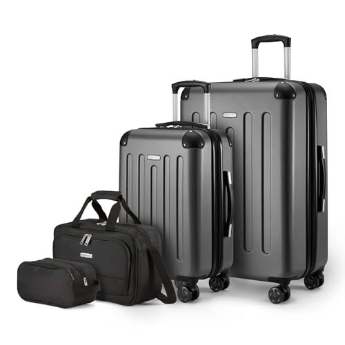 Amazon Basics 4-Piece Luggage Set, Hardside Suitcases with Spinner Wheels, 22" Carry On & 28" Checked, Tote Bag & Travel Bag, Black