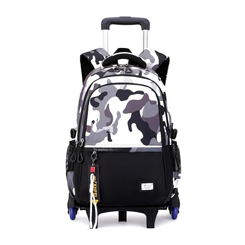 MITOWERMI Kids Rolling Backpack for Boys Girls, Elementary & Middle School Backpack with Wheels, Boys Trolley Roller School Bag Wheeled Bookbag on 6 Wheels, Camouflage Black