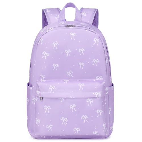 Kimwadalh Bow Backpack for Girls, Purple Girls Schoolbag with Large Capacity School Bookbag for Elementary High School
