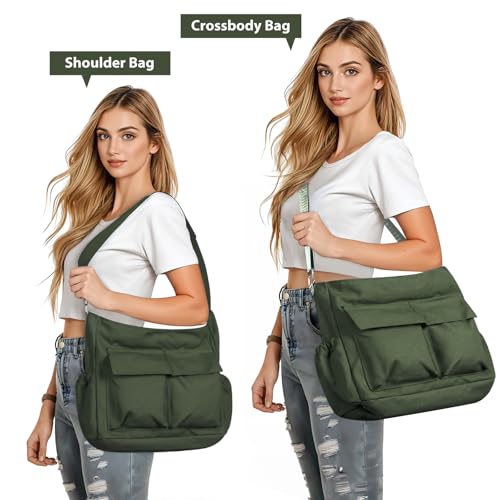 Canvas Messenger Bag Crossbody Shoulder Bag for Men and Women Vintage Tote Laptop Bag Large Hobo Bag with Multiple Pockets (Army Green)