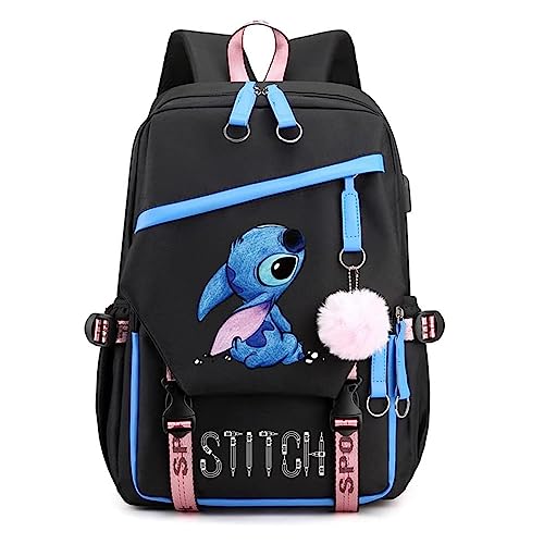 CUSALBOY Fashion Trend Backpack Anime Cosplay Laptop Backpack With USB and Cute Cartoon Pattern (black) (black 1)