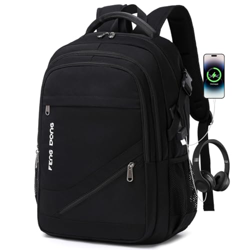 FENGDONG Durable Waterproof Travel Laptop Backpack 17.3 inch,Large College Backpack Bookbag for Men & Women Business Backpack with USB Charging Port and Headset Port Black