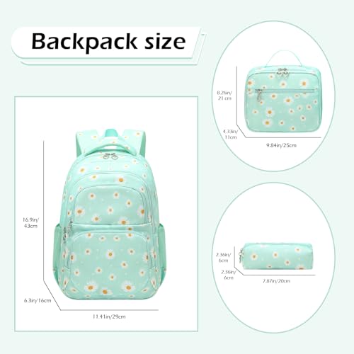 Glodwheat Daisy Printed Backpack For Girls- 3Pc Set With Lunch Box & Pencil Case, Lightweight Water-Resistant Bookbag For Elementary School