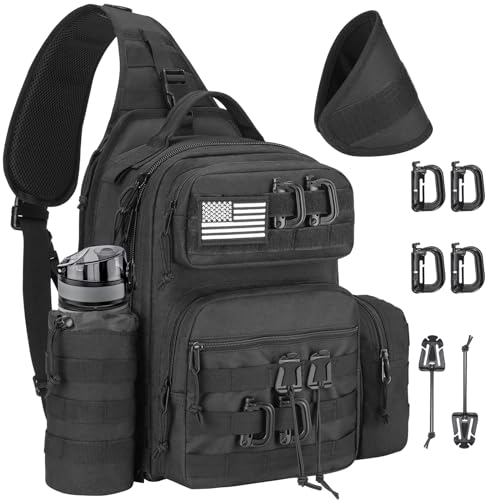 CVLIFE Tactical Sling Bag Backpack for Men Military Shoulder Sling Bag Molle Detachable Tactical Bag with Bottle Holder Hidden Pocket Daily Day Pack Work Bag for EDC Hiking, Black