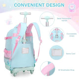 FIXITOK Rolling Backpack for Girls, Kawaii Bunny Roller Wheels School Backpacks with Lunch Bag Pencil case, Wheeled Suitcase Bookbag for Elementary Travel Aquamarine