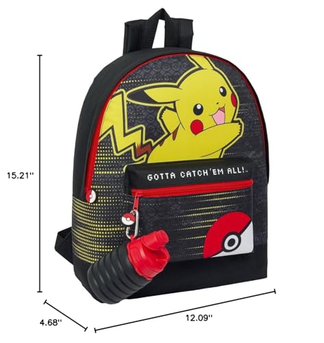 Pokémon Pikachu Catch 'Em All Roxy Backpack with Collapsible Water Bottle - Officially Licensed, 39x31x12cm, Durable Polyester, Adjustable Padded Straps, Hydration on the Go, For Trainers, Black, 39cm