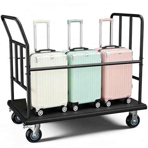 Luggage Cart,850LB Load Luggage Trolley with 5" Quiet Wheels & Secures Poles,Heavy-Duty Steel Hand Truck for Hotel Bellman,Airport,Commercial Use,Non-Slip Platform Dolly(42.51" x 25.19" x 34.25")