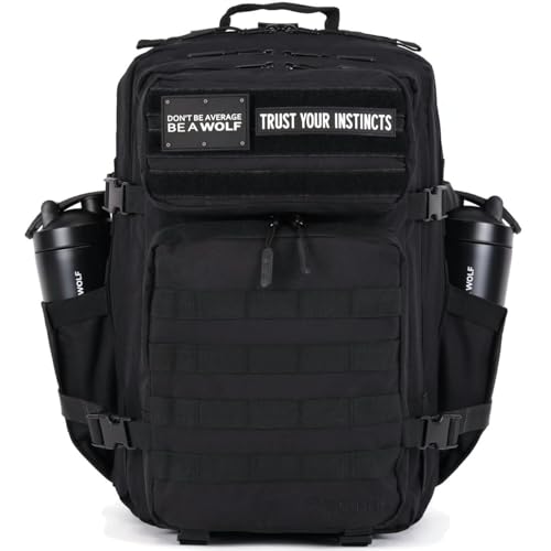 WOLFpak 45L Tactical Gym Backpack (Alpha Black) Durable 1000D Waterproof Oxford Material with MOLLE Webbing, Laptop Pocket & Dual Cup Holders, Durable Fitness/Travel/Military Daypack
