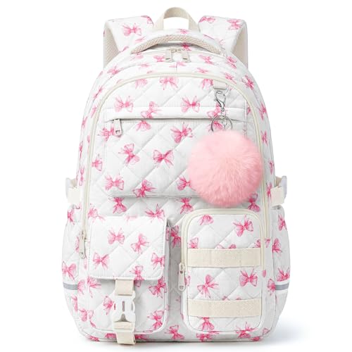 shiprabags Quilted Backpack for Teen Girls, Cute Pink Bow School Backpack with Multi-Pocket Design, Lightweight Cotton Bookbag Fits 15.6" Laptop, Large Capacity Aesthetic Backpack with Plush Charm