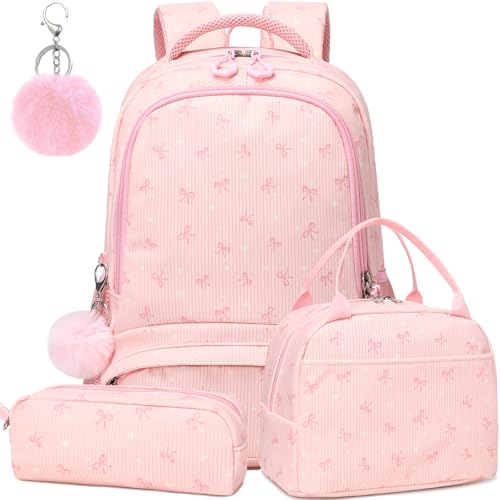 Dafelile School Backpack for Girls Kids Backpacks Elementary Preschool Corduroy Love Bow Pink School Bags Travel Daypacks with Lunch Bag