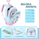 3-IN-1 Rolling Backpack for Girls with Lunch Bag Pencil case, Kawaii Backpack with Wheels for Girls, Roller School Bag with Wheels for Teen Elementary School Bookbags with Cute Pins Aquamarine-Pink