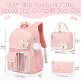 GeeWin Girls Backpack for School with Lunch Box & Pencil Case Set, 17 Inch Waterproof Cute Bow Girls Bookbag for Kids, Teens, Elementary Middle High College School Student (Pink/Beige)