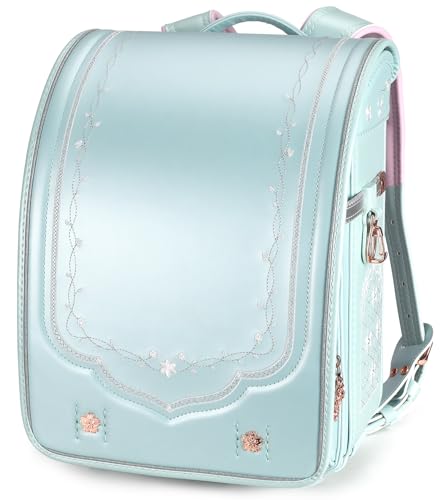 IwaiLoft Ransel Randoseru Backpack with Automatic Satchel for Girls, Japanese School Bag Embroidery PU Bookbag for Women (Morocco Light Green)