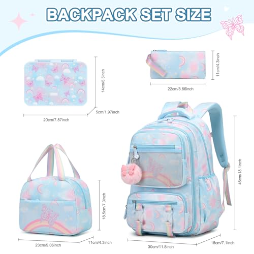 Scothen Backpack for Girls, 4PCS Rainbow Butterfly Girls Backpacks with Lunch Bag and Leak-proof Kids Bento Lunch Box for Teen Girl Children Students Kindergarten Elementary Middle School Book Bag