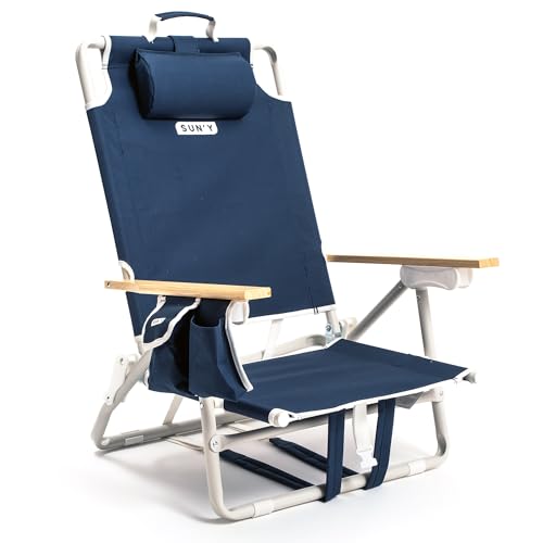 SUN'Y Escapes Backpack Beach Chair - Made w/Ocean Bound Plastics, Customizable w/MOLLE Accessories, Ultra Lightweight, Low-Seat Natural Comfort, Durable, Rust Free & Waterproof - Nautical Navy