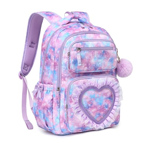 MOONBABY Kids Backpack for Girls Ages 6-12 with Sweet Heart Pocket, 17" Lightweight Elementary Middle School Bookbag, Bowknot Lace | Backpacks4Less