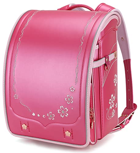 IwaiLoft Ransel Randoseru Backpack Automatic Satchel Japanese School Bag Cherry Blossom Sakura Embroidery PU Bookbag for Girls (Rose)