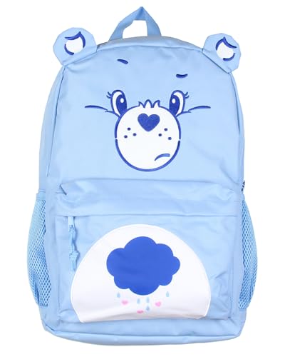 Mad Engine Care Bears Backpack Grumpy Bear Embroidered Face with Rain Cloud Belly Badge and 3D Ears Laptop School Travel Backpack