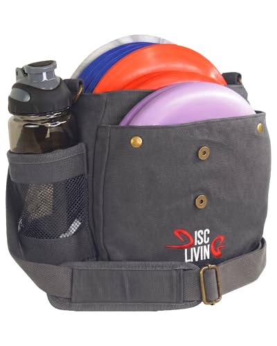Disc Golf Bag, The ORIGINAL Frisbee Golf Bag, 16oz Waxed Canvas Lightweight Sling, Fits 8-10 Discs, Water Bottle Holder, Belt Loop, Magnetic Double Button Closure (Grey)