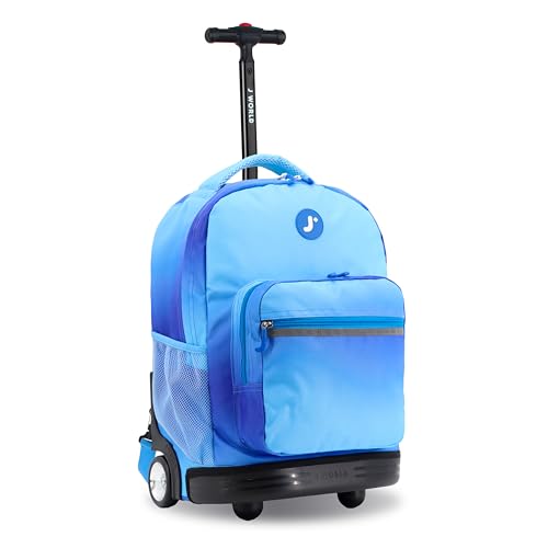 J World Sunrise Kids Rolling Backpack with Wheels for Girls Boys, Roller Bookbag for School, 18 x 13 x 9 Inches, Blue Gradient