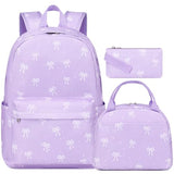 Kimwadalh Bow Backpack for Girls, 3 in 1 Purple Girl Backpack with Lunch Bag Pencil Case for School, Large Capacity Schoolbag for Preschool Middle Teen Girls