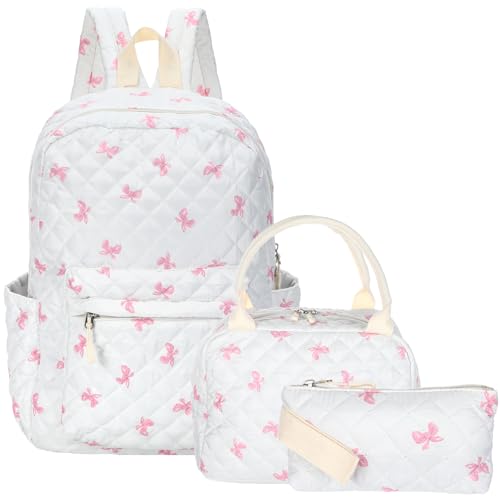 Shyyween 3 Pcs Backpack Back to School Bags Set Cotton Quilted Lunch Box Pencil Bag Daypack Bookbags for Girl Women Travel(Bow,Pink)