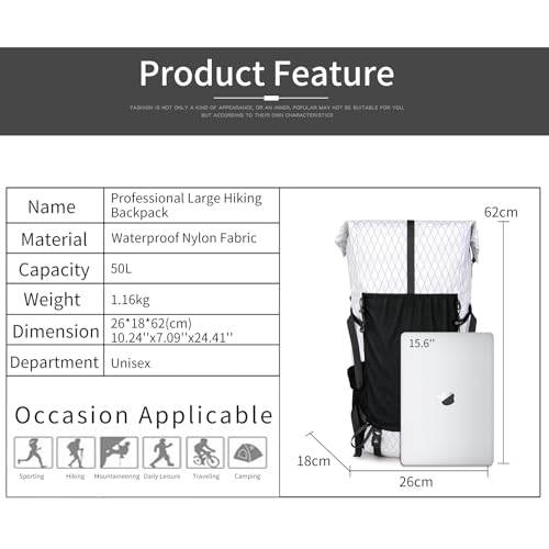 Hiking Backpack,40L to 50L Extra Large Capacity Hiking Bag,Internal Frame Camping Backpack,Upgraded X-PAC Lightweight Sport Daypack Travel Backpack Fit For Mountain Climbing Camping(White)