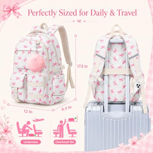shiprabags Quilted Backpack for Teen Girls, Cute Pink Bow School Backpack with Multi-Pocket Design, Lightweight Cotton Bookbag Fits 15.6" Laptop, Large Capacity Aesthetic Backpack with Plush Charm