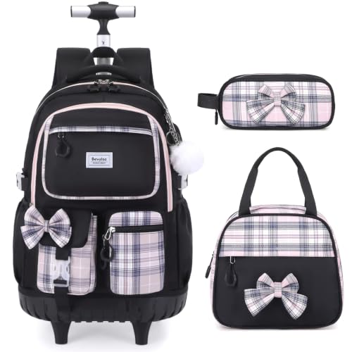 Bevalsa Rolling Backpack for Girls, Roller Backpack with Wheels, Cute Bow Wheeled School Bookbag Set with Lunch Bag & Pen Case, | Backpacks4Less