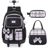Bevalsa Rolling Backpack for Girls, Roller Backpack with Wheels, Cute Bow Wheeled School Bookbag Set with Lunch Bag & Pen Case, Suitcases for Kids Teens Elementary Middle Student (Black Pink)