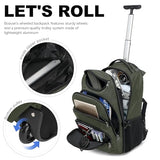 Boavan Rolling Backpack,17 inch Water Resistant Wheeled Backpack,Carry on Luggage Business Bag, Overnight College Computer bag Trolley Suitcase for Men Women Adults to Travel，Green