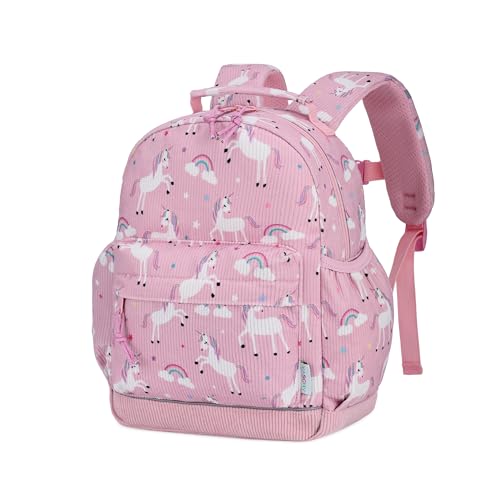 VASCHY Corduroy Kids Backpack for Boys Girls 3-6 Yrs, Toddler Backpack for Preschool Kindergarten, Cute Schoolbag for Daycare - Pink Unicorn