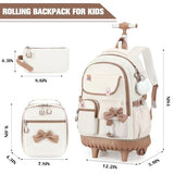 ACESAK Rolling Backpack for Girls - Roller Wheels School bag with Lunch Bag & Pencil Pouch for Teen Girls Kids Wheeled Suitcase Backpacks, Elementary Middle School Travel Daypack(Beige Khaki)