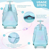 FIXITOK Rolling Backpack for Girls, Kawaii Bunny Roller Wheels School Backpacks with Lunch Bag Pencil case, Wheeled Suitcase Bookbag for Elementary Travel Dreamy Aquamarine