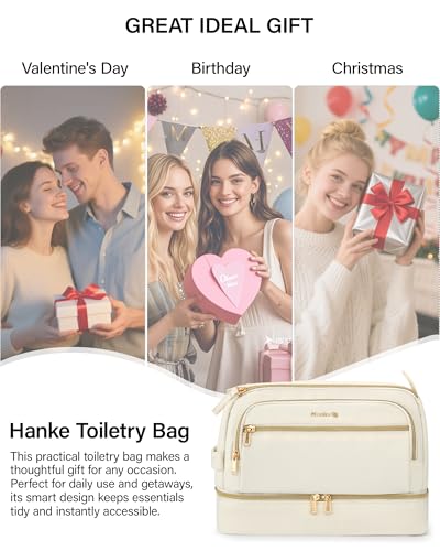 Hanke Travel Toiletry Bag, Lightweight Wide-open Makeup Bag, Dual-Layer Travel Bag for Toiletries Water-Resistant Cosmetic Bags Large Toiletry Bags for Women & Men, Travel Essentials, Off White