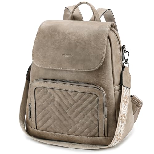 VASCHY Backpack Purse for Women, Chevron Quilted Vegen Leather Flap Backpack Convertible Handbag for Ladies with Guitar Strap Khaki
