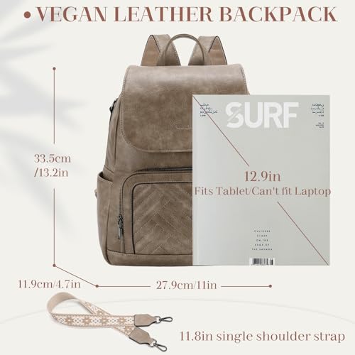 VASCHY Backpack Purse for Women, Chevron Quilted Vegen Leather Flap Backpack Convertible Handbag for Ladies with Guitar Strap Khaki